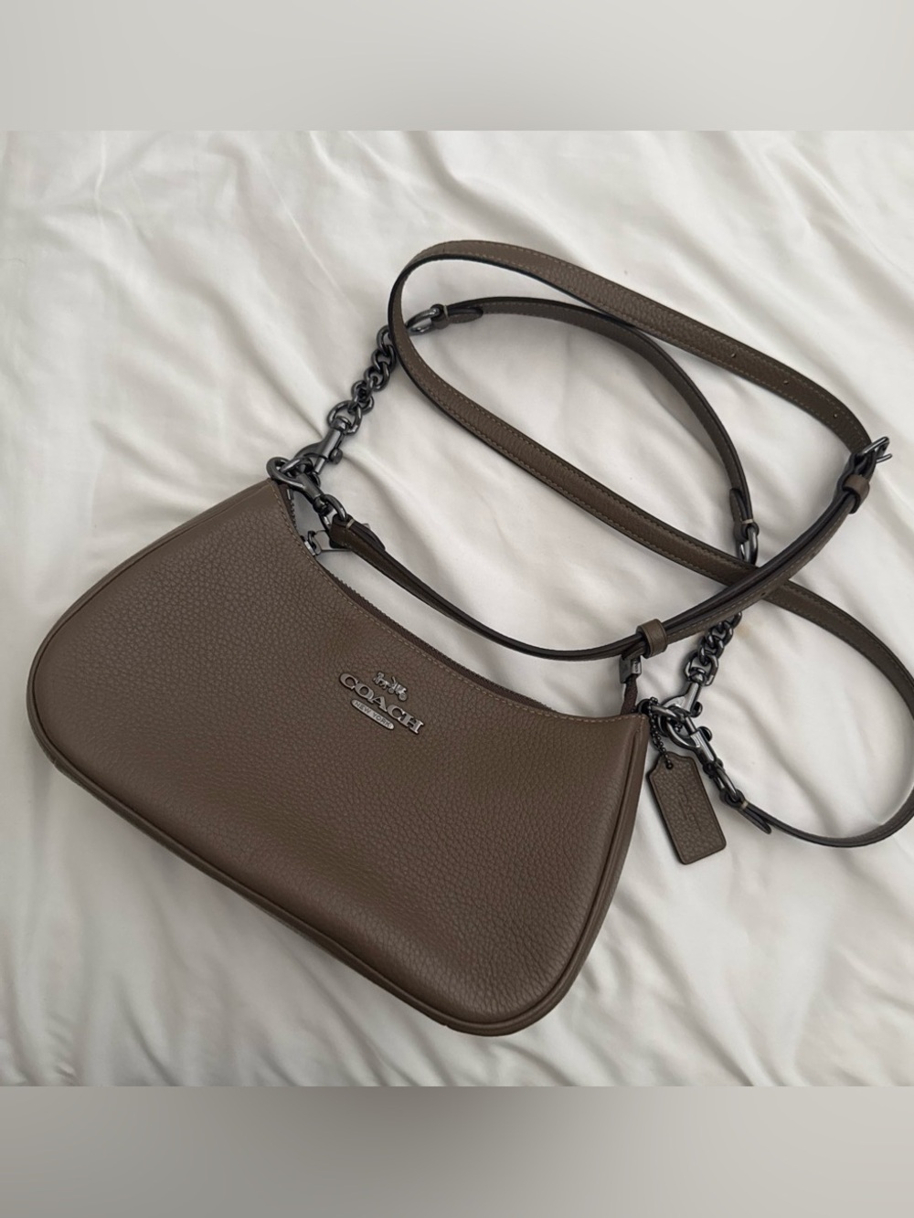 Coach Taupe Brown Pebbled Leather Shoulder Bag with Gunmetal Chain